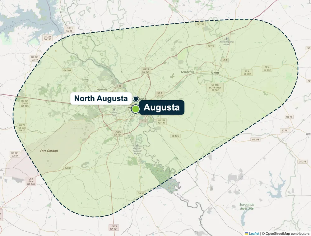 Augusta & Aiken service area map showing North Augusta