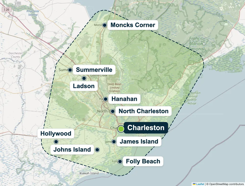Charleston & the Lowcountry service area map showing Charleston