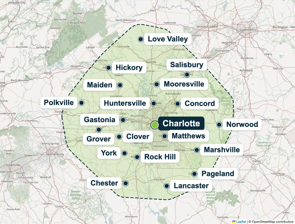 Charlotte metro service area map showing Charlotte