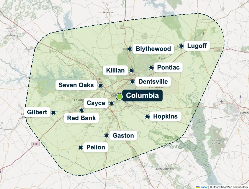Columbia metro service area map showing Columbia