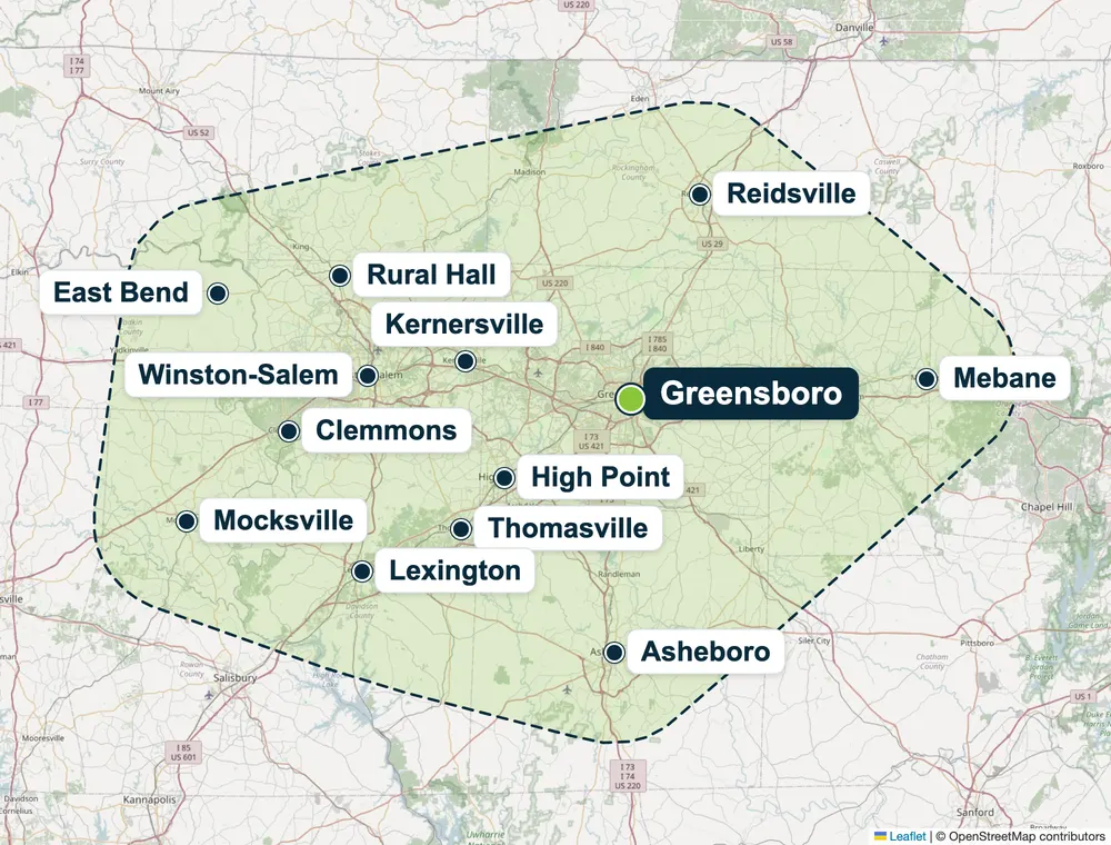 Piedmont Triad service area map showing Greensboro