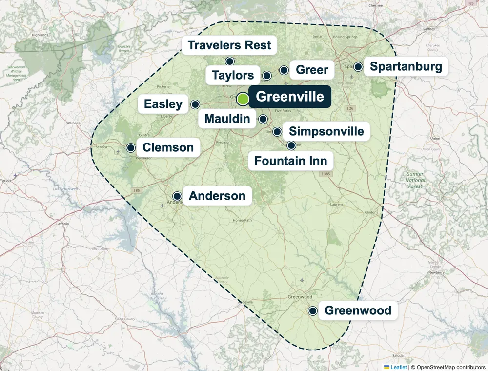 Upstate South Carolina service area map showing Greenville